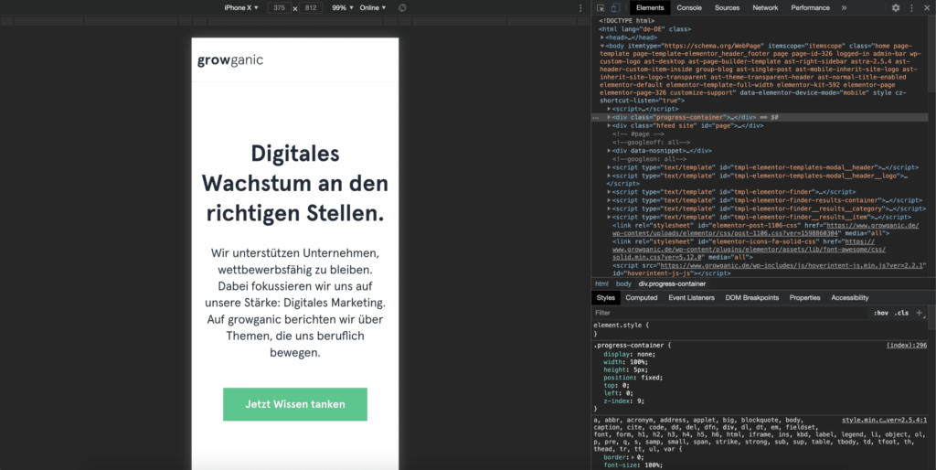 Vorschau der mobilen Ansicht über den Google Chrome Inspector