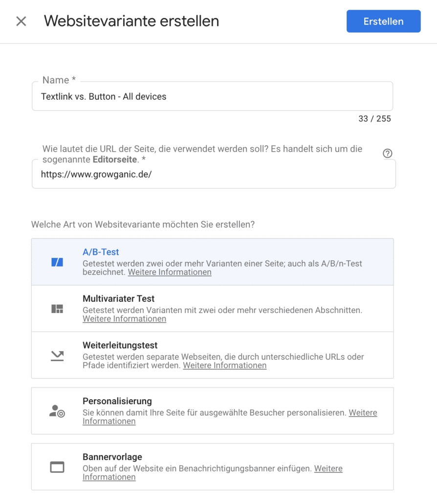 Auswahl der Testart in Google Optimize