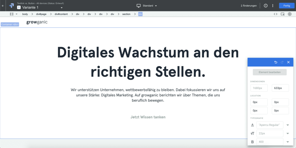 WYSIWYG Editor zum Erstellen des AB Test mit Google Optimize