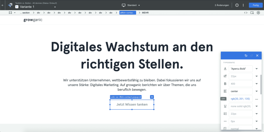 WYSIWYG Editor zum Erstellen des AB Test mit Google Optimize