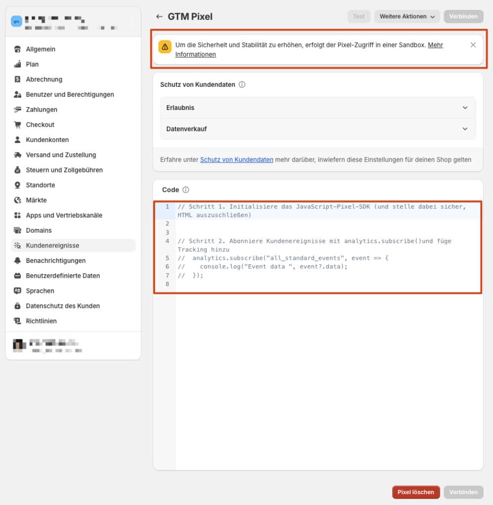 Code im benutzerdefinierten shopify pixel zufuegen - Google Tag Manager mit Shopify nutzen: Einrichtung mit dem Web Pixel in 2025