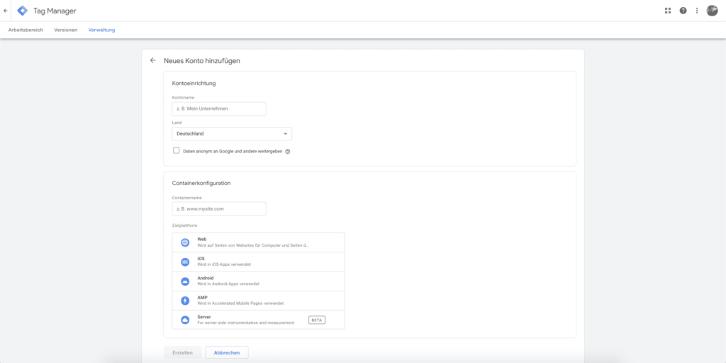 Erstellen eines Google Tag Manager Kontos