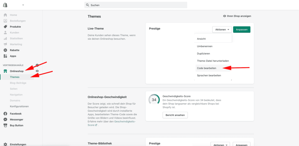 Shopify Theme Code-Editor öffnen