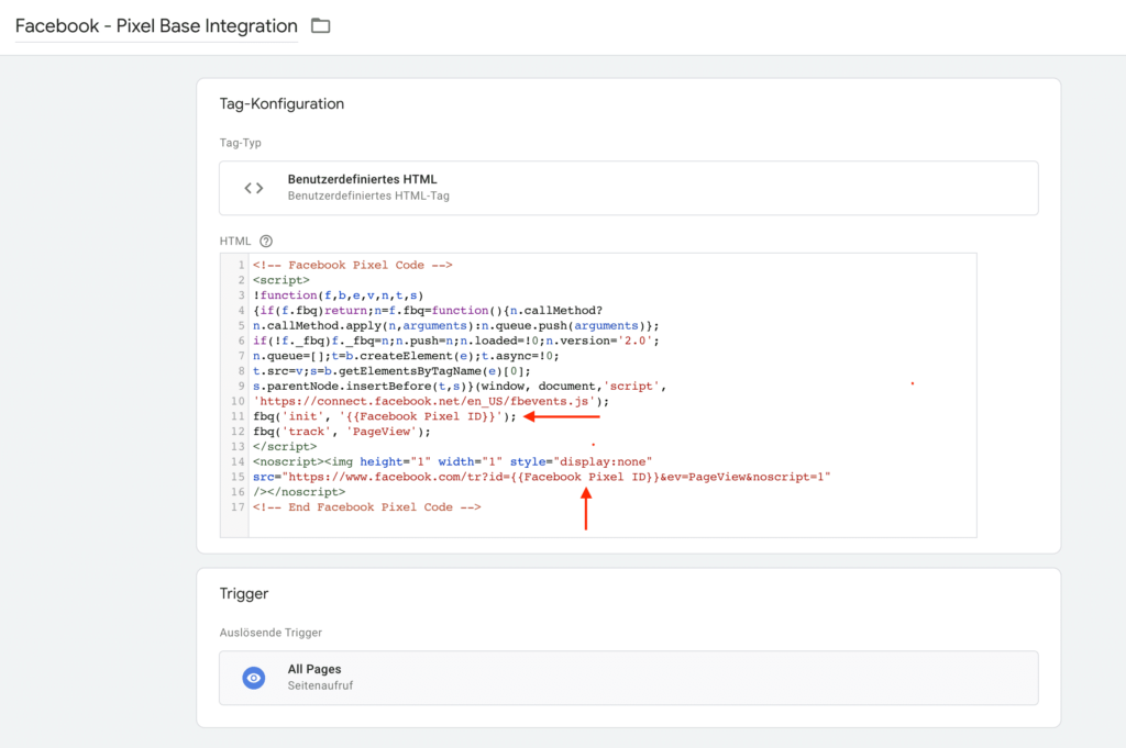 Facebook Pixel im Google Tag Manager: Basis Code