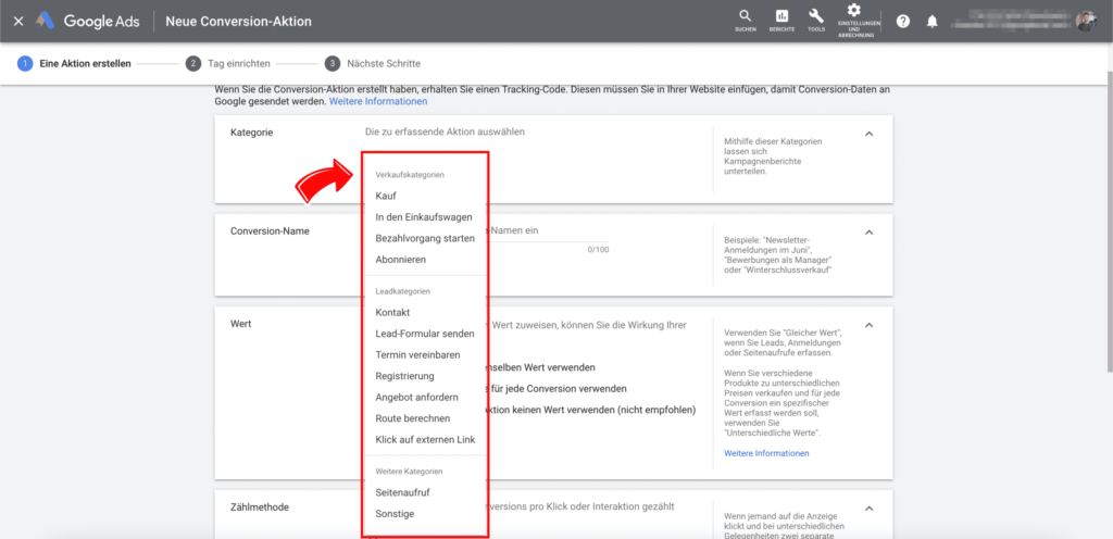 Conversion Kategorien in Google Ads