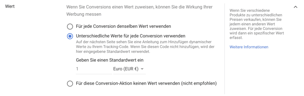 Unterschiedliche Werte für jede Conversion in Google Ads