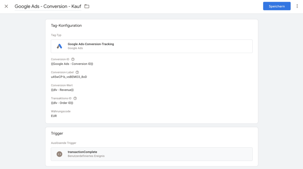 Der Conversion Tracking Tag für einen Kauf im Google Tag Manager