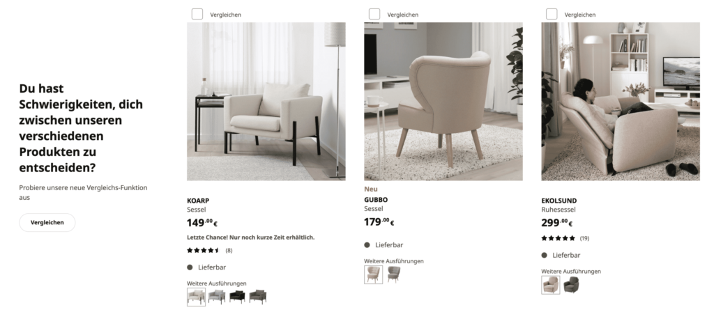 Vergleichsfunktion bei auf den Kategorieseiten von IKEA