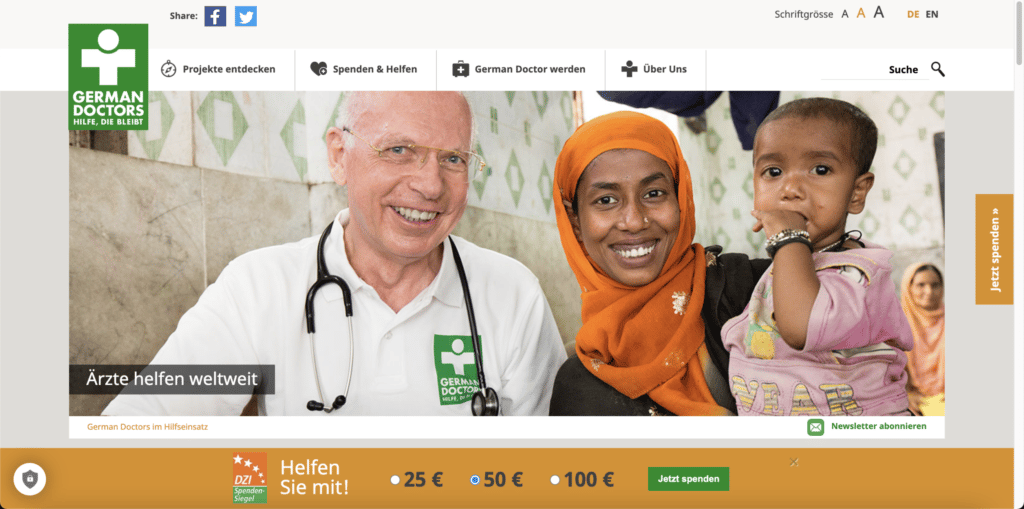 Spendenaufruf bei German Doctors mit Default Option
