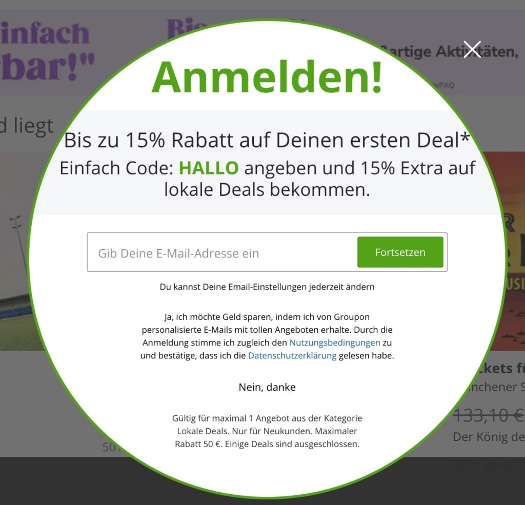 Pop-up mit Call-to-Action bei Groupon
