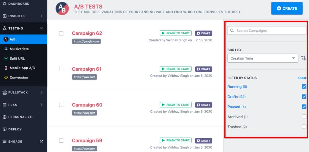 A/B-Test-Dashboard in VWO