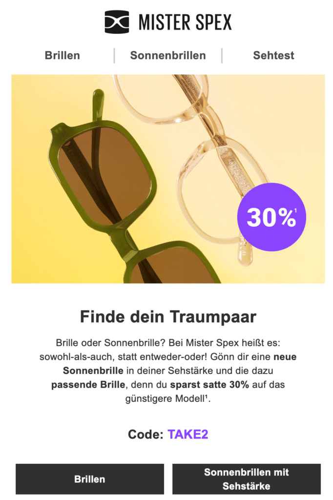 Mister Spex ermuntert in seinem Newsletter dazu, gleich eine passende Sonnenbrille mit zu kaufen