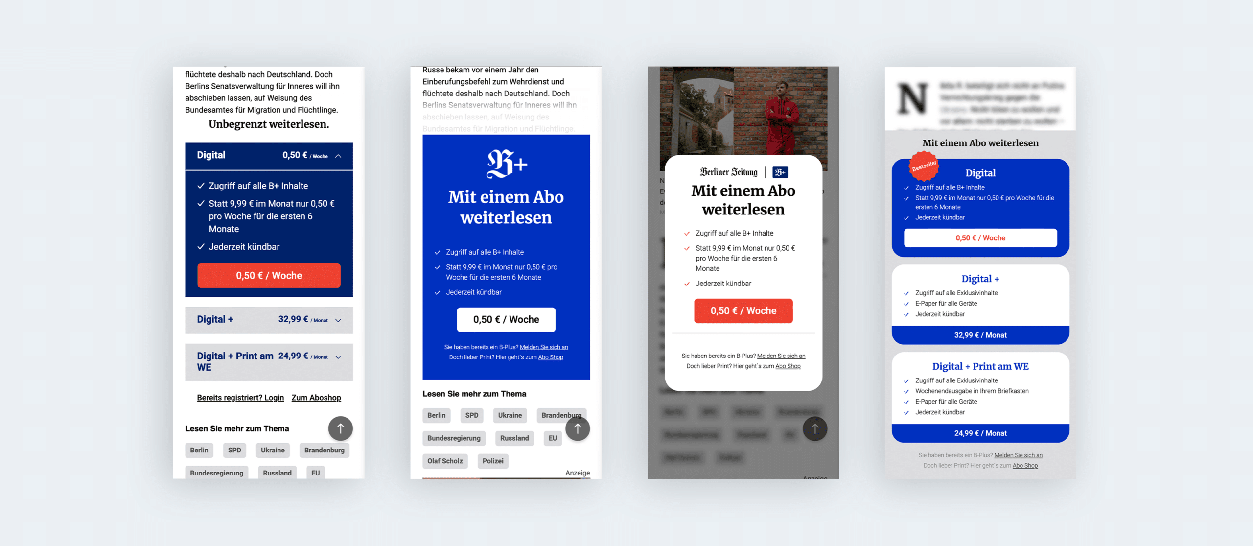 Unterschiedliche Paywall Designs der Berliner Zeitung