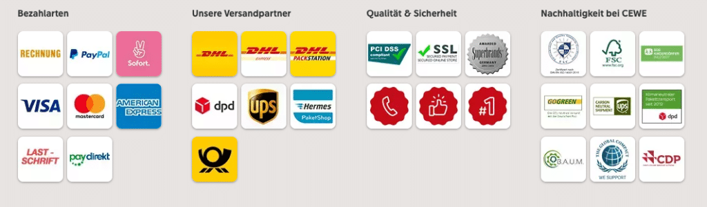 Jede Menge Trust Badges im Footer bei cewe.de