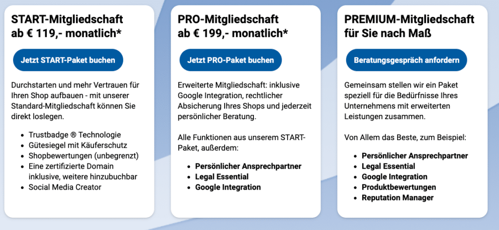 Die Tarife von Trusted Shops für den Einsatz ihrer Gütesiegel