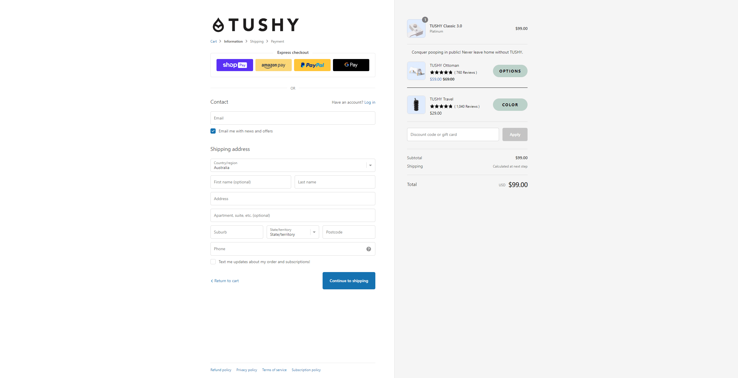 Swipe file tushy desktop checkout - TUSHY